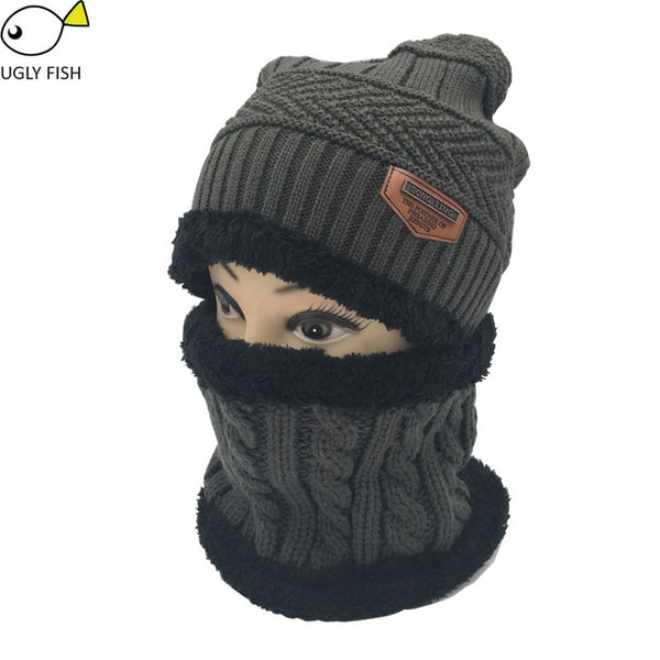 UCRAVO Winter Cap for Men Hats for Men Women - Garam Neck Warmer Winter Hat  Scarf Set Fleece Lined Cap with Pom, Black Knit Beanie Stocking Stuffers