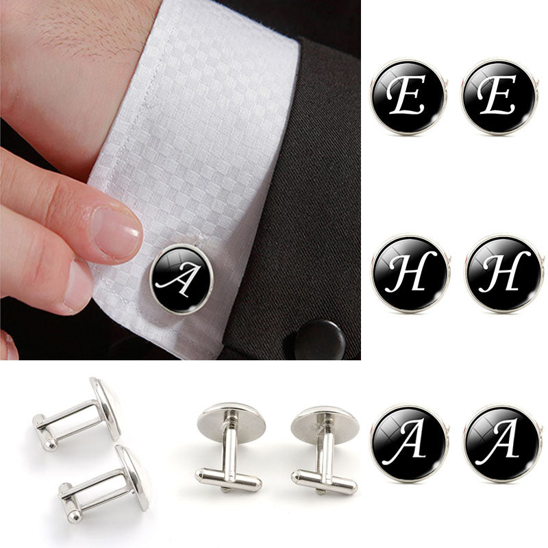 Fashion A-M Letters Glass Alloy Cufflinks Shirt Cuff Links For Men's Jewelry Wedding Anniversary Gift Chic Clothing Accessories