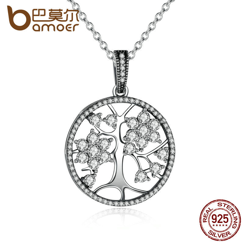 BAMOER Classic 925 Sterling Silver Tree of Life Round Pendant Necklaces for Women Fine Jewelry collares PSN013