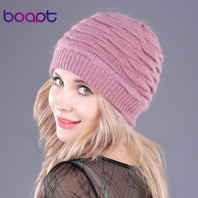 [boapt] soft rabbit double knitting thick bonnet beanie caps solid warm winter hats for women's cap skullies beanies female hat