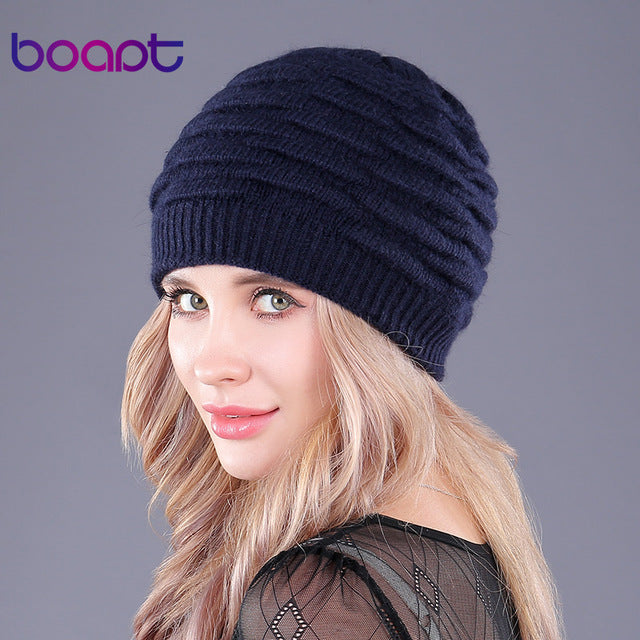 [boapt] soft rabbit double knitting thick bonnet beanie caps solid warm winter hats for women's cap skullies beanies female hat
