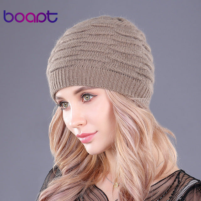 [boapt] soft rabbit double knitting thick bonnet beanie caps solid warm winter hats for women's cap skullies beanies female hat