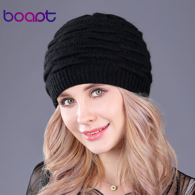 [boapt] soft rabbit double knitting thick bonnet beanie caps solid warm winter hats for women's cap skullies beanies female hat