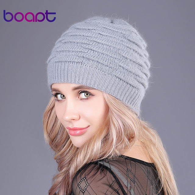 [boapt] soft rabbit double knitting thick bonnet beanie caps solid warm winter hats for women's cap skullies beanies female hat