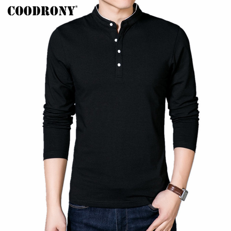 COODRONY T-Shirt Men 2017 Spring Autumn New 100% Cotton T Shirt Men Solid Color Tshirt Mandarin Collar Long Sleeve Top Tees 7608