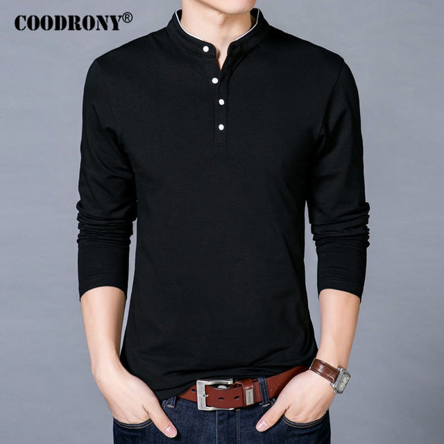 COODRONY T-Shirt Men 2017 Spring Autumn New 100% Cotton T Shirt Men Solid Color Tshirt Mandarin Collar Long Sleeve Top Tees 7608