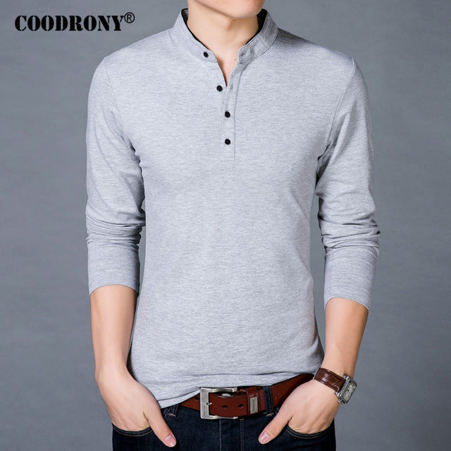 COODRONY T-Shirt Men 2017 Spring Autumn New 100% Cotton T Shirt Men Solid Color Tshirt Mandarin Collar Long Sleeve Top Tees 7608