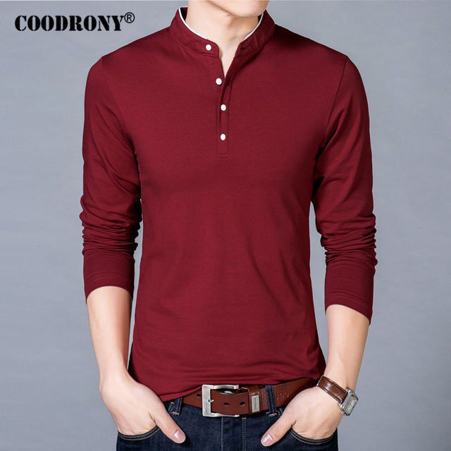 COODRONY T-Shirt Men 2017 Spring Autumn New 100% Cotton T Shirt Men Solid Color Tshirt Mandarin Collar Long Sleeve Top Tees 7608