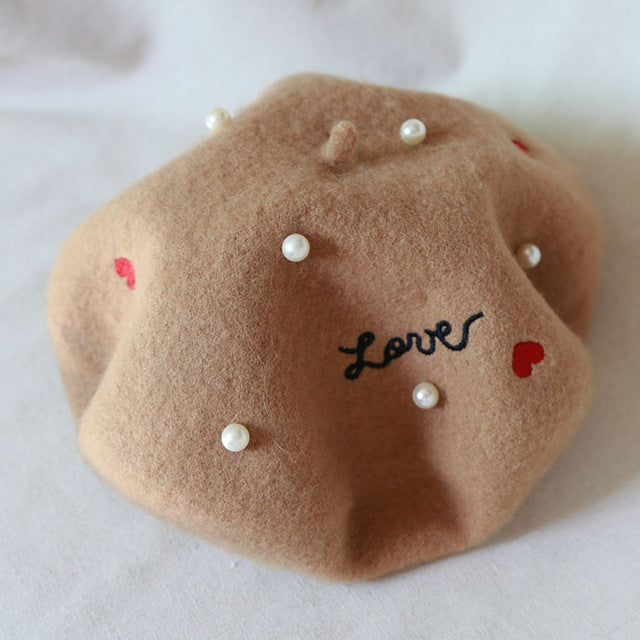 Japanese soft sister embroidery letters pearl wool beret painter cap baked wheat cake cap warm buds hat girl autumn and winter68