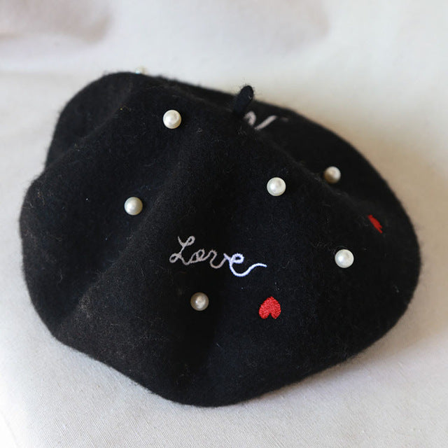 Japanese soft sister embroidery letters pearl wool beret painter cap baked wheat cake cap warm buds hat girl autumn and winter68
