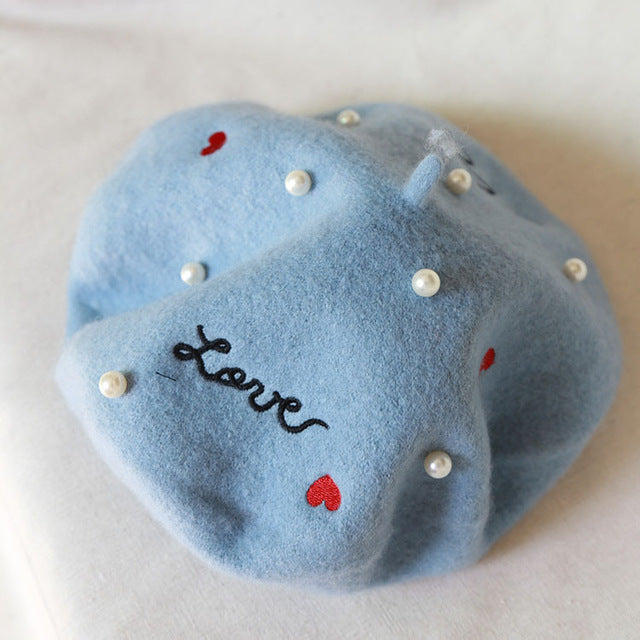 Japanese soft sister embroidery letters pearl wool beret painter cap baked wheat cake cap warm buds hat girl autumn and winter68